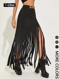 Women's Solid Color Fitted Fringe Trim Skirt, Aesthetic Fashionable Long Maxi Skirt for Party Club Dating Wear, Women's Bottoms for Summer, Womenswear