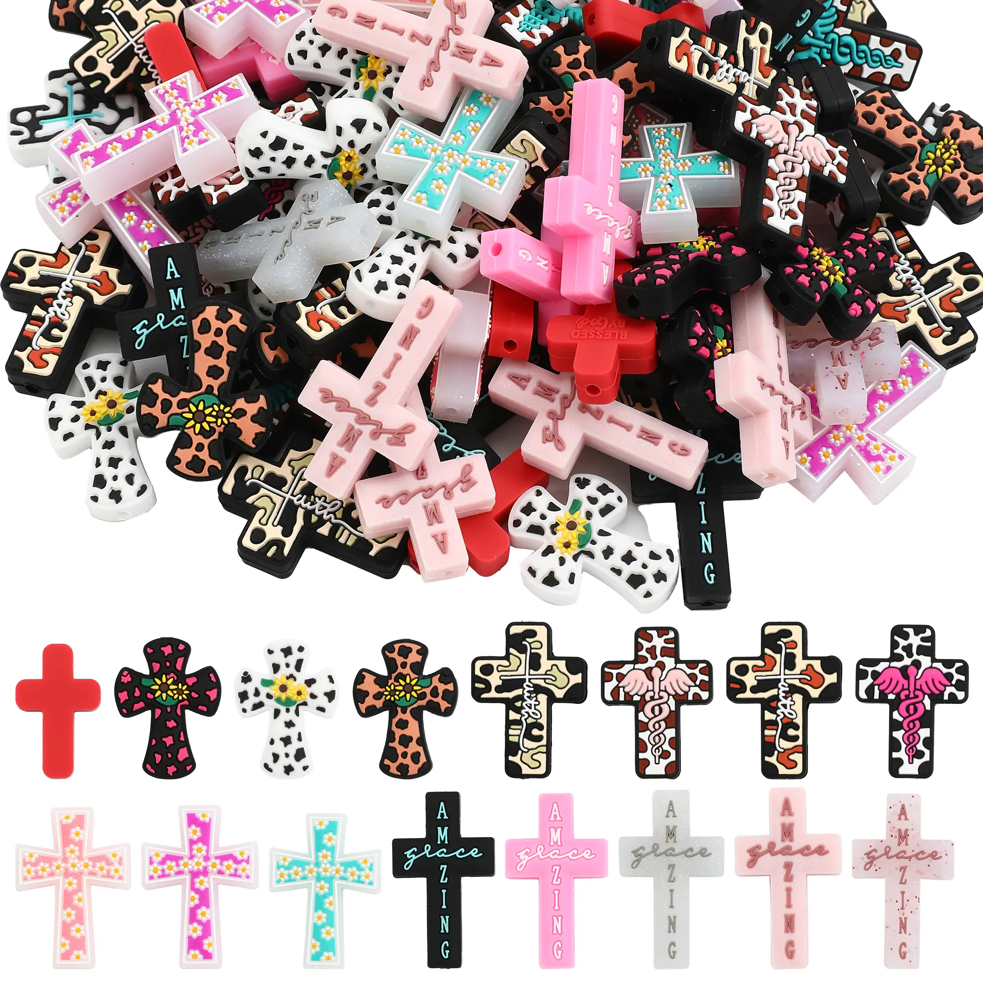 30 Pieces Classic Cross-Shaped Silicone Beads - Random Designs: Leopard Print, Floral, Polka Dot, Motivational Text, Religious Pattern, Durable, Smooth, Multi-Color DIY Crafting Supplies for Earrings, Necklaces, Bracelets