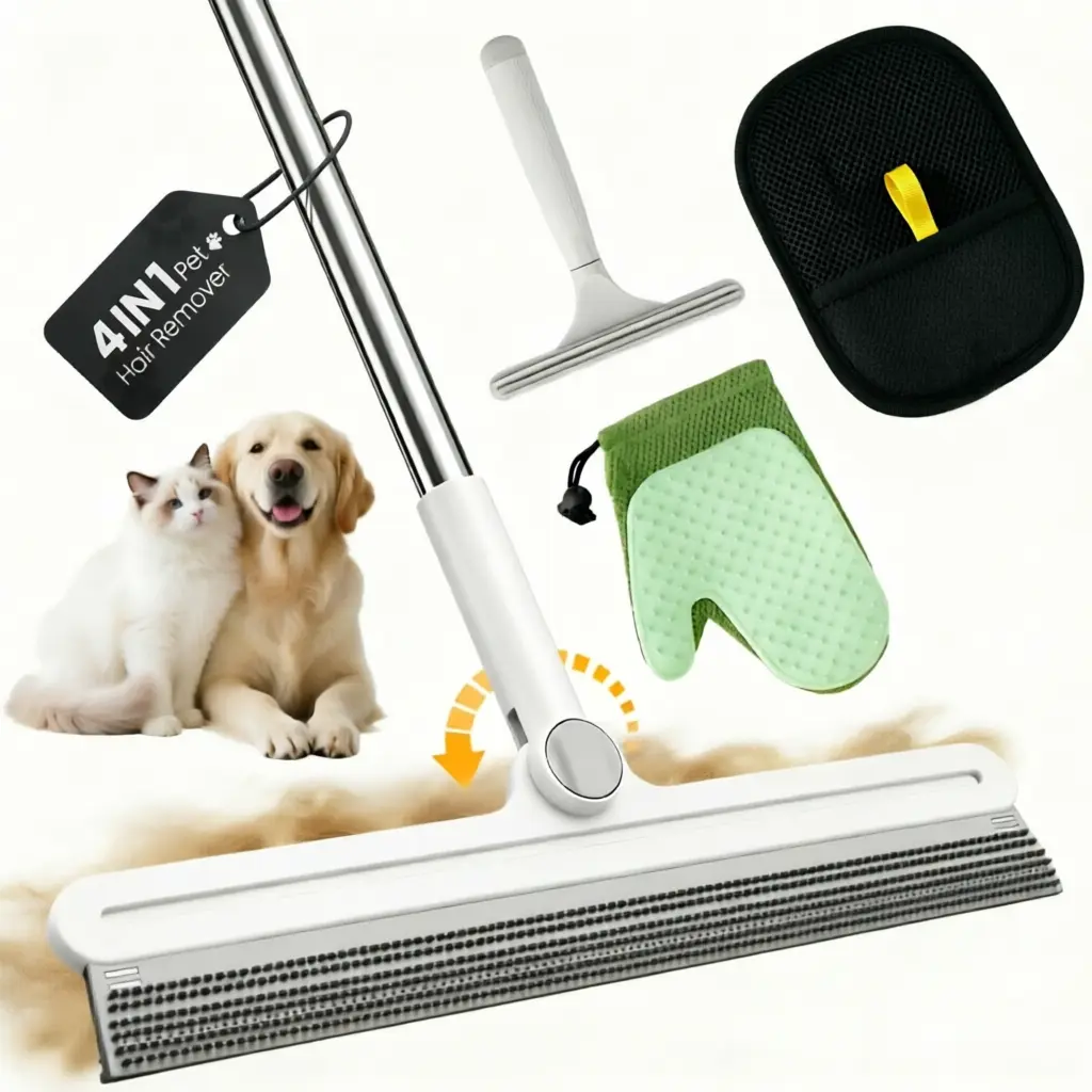 4PCS Reusable Carpet & Furniture Hair Removal Cleaning Kit - Adjustable Silicone Broom, Magic Brush, Glove, Scraper, Carpet Rake (No Dustpan, Multi-Pack) for Rugs, Sofa, All Seasons Pet Fur Removal