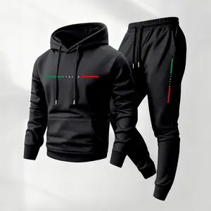 Men's Italia Letter Printed Hoodie and Drawstring Sweatpants Set, Menswear, Casual Athletic Long Sleeve Hooded Jacket & Trousers for Fall & Winter, Men's Clothing for Daily Wear, Sportswear Indoor Outdoor, Tracksuit, Athleisure Summer Clothes