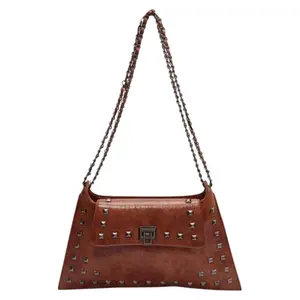 Women's Brown Studs Crossbody Bag Vegan Leather Shoulder Bag Handbag with Twist Lock Closure for Work Dating Daily