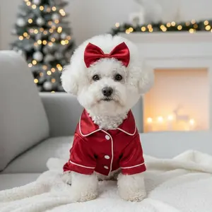Cute Pet Pajama Set with Bow Headband Cozy Silk Pajamas for Teddy Bichon Pomeranian & Bulldog Soft Puppy Cat Sleepwear for Comfortable Nights # Cute Pet Pajamas # Instagram Viral Pet Outfits # Loungewear