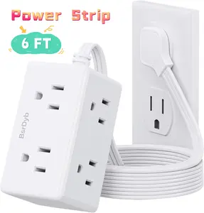 FastCharge Flat Plug Surge Protector Power Strip with 6 Outlets and 6 Ft Braided Extension Cord - Wall Mounted Desktop Charging Station for Home Office Dormitory