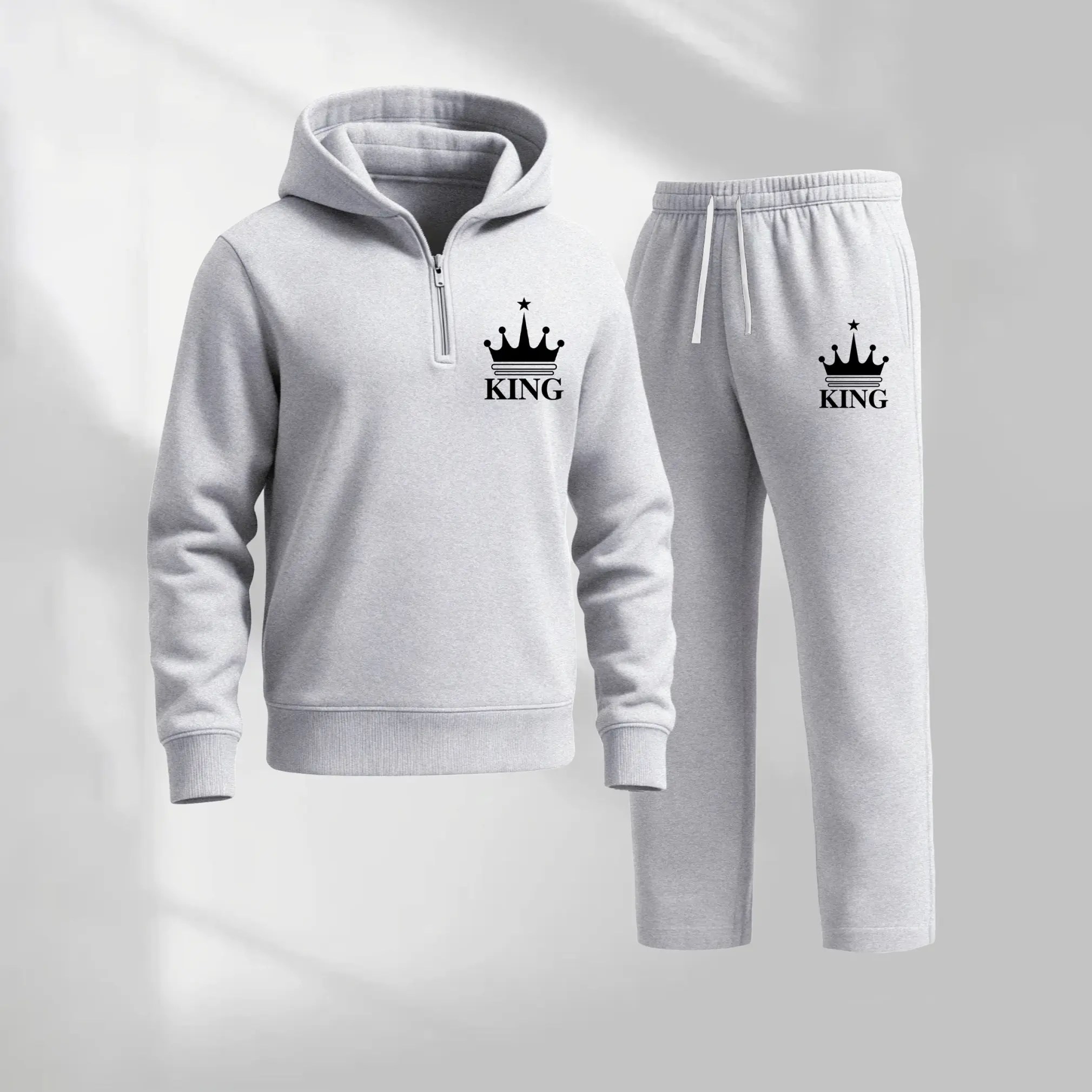 Men's 2-Piece Minimalist Tracksuit Set - 'KING' Letter Print, Loose-Fit Long Sleeve Hoodie, Full Length Sweatpants, Breathable Polyester, Casual Wear, Sporty Chic, OOTD Ideas, Athletic, Drawstring, Loose-Fitting, Machine Washable, 2Xl, 3Xl, Male