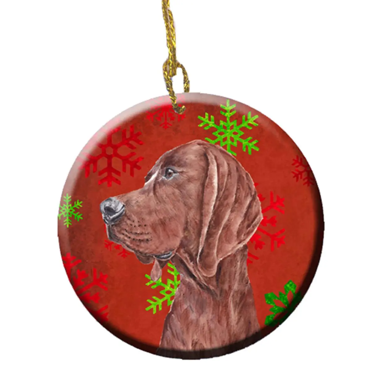 Redbone Coonhound Red Snowflakes Holiday Ceramic Ornament