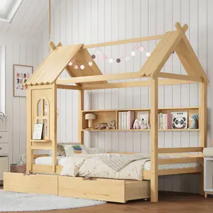 [Bellemave]Twin/Full house Beds with Storage Drawers and Window, Solid Wood House Platform Bed Frame with shelves, for Kids, Girls, Boys, No Spring Box Needed and Childlike Design, Natural