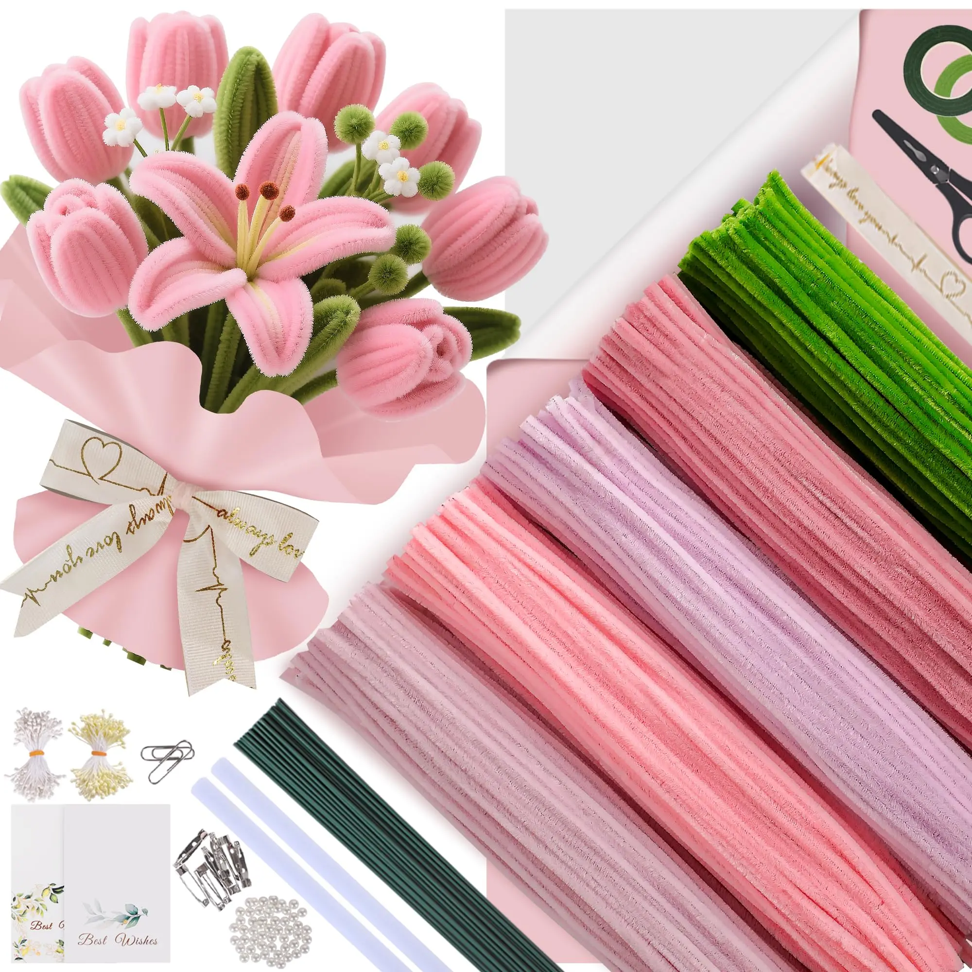 Fade-Resistant Long-Lasting 500-Piece Artificial Flowers Kit - Decorative DIY Set with Chenille Stems, Pipe Cleaners, Craft Wire, Stamen, Tape, Ribbon, Flower Embellishments for Room Decor, Handcrafted Gifts