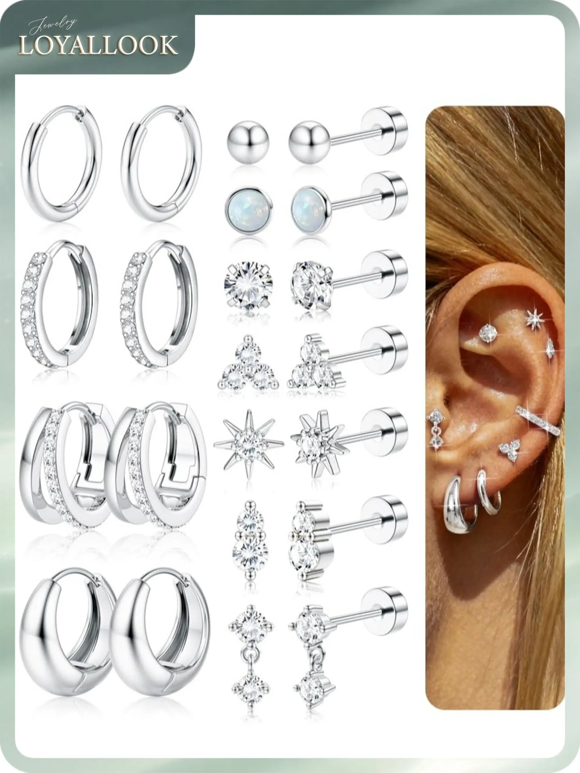 LOYALLOOK Hypoallergenic Flat Back Earrings for Women 14K Gold Plated Surgical Steel Stud Hoop Earring Stacks Dainty Small Huggie Hoops Flatback Stud Cartilage Earring Sets for Multiple Piercing