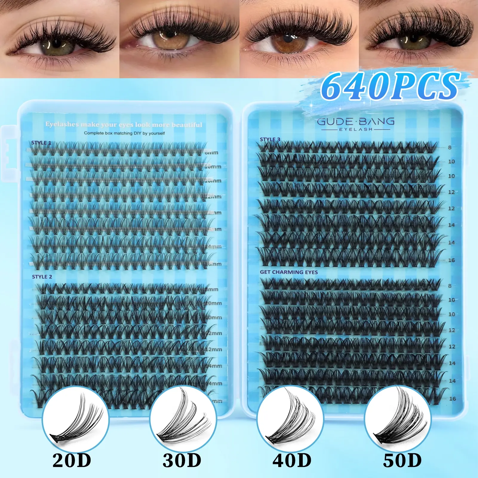 640pcs Eyelash Extensions, Volume Lashes, 20D/30D/40D/50D, D-Curl, Fluffy, Mixed Lengths, Odorless, Easy Application, Home Makeup Essentials, DIY False Eyelashes, Cosmetic Eyelashes