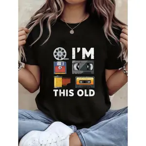 Womens Vintage Graphic Tee Funny Retro 80s 90s Movie Reel Cassette Tape Floppy Disk Print Crewneck Short Sleeve Oversized Shirt for Casual Streetwear