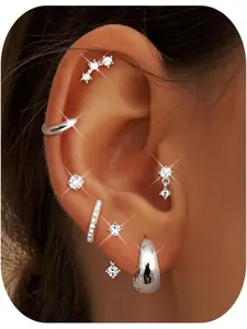 7 Pairs Hypoallergenic 14k Stud Hoop Earrings for Women, Dainty Huggie Earring Set, Cute Silver Cartilage Jewelry