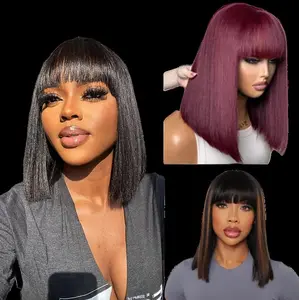 Put On And Go Realistic Glueless Yaki Straight Bob With Bangs Minimalist Undetectable HD Lace Wig Black Woman Wigs Lace Front Bobs