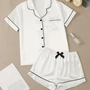 Women's Solid Contrast Binding Bow Decor Pajama Set, Short Sleeve Button Front Lapel Shirt & Shorts Loungewear, Soft Comfortable Summer Sleepwear Two-Piece PJs for Casual Daily Relaxation & Cozy Home Wear