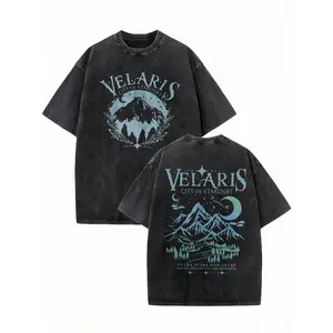 Velaris City Of Starlight Vintage Washed Shirt for Women and Men,The Night Cartoon Letter Pattern Printed Street Style Unisex Tee,Comfortable Retro Fashion Commuting Y2k Women's Clothing, Punk Style Black Round-Neck Short-Sleeved Wash T Shirt