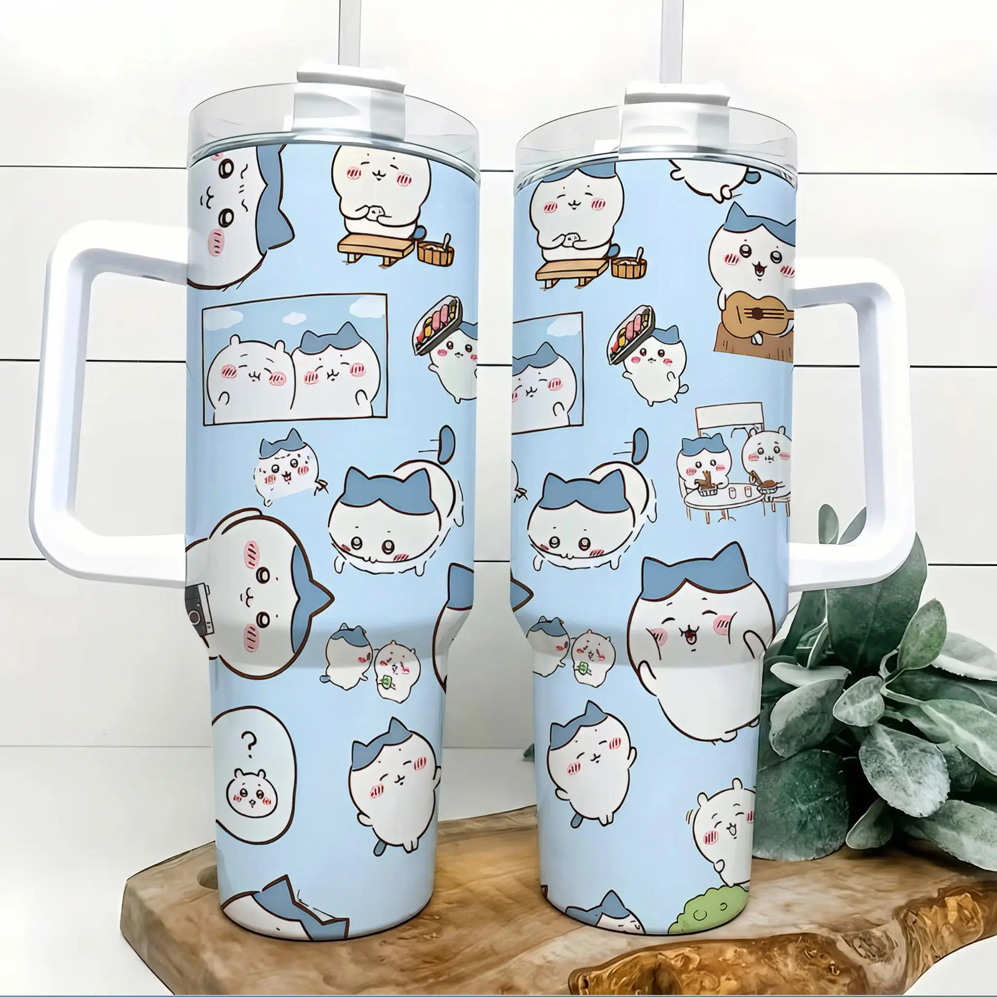 Chiikawa Hachiware Cute Anime 40oz Wide Mouth Insulated Flask with Handle & Straw, Wrap-Around Print Heat-Resistant Stainless Steel Coffee Drink Car Cup, Flasks, 40Oz Heat-Resistant Stainless Steel Car Cup