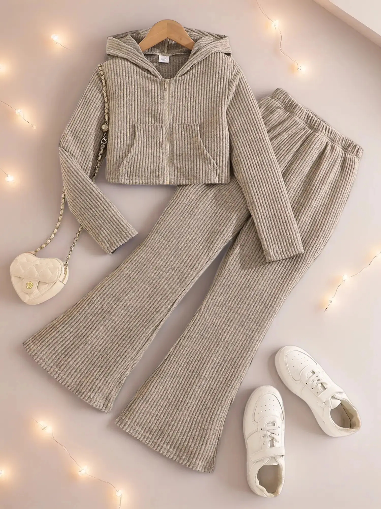 Girls' Solid Color Set, Hooded Pocket Long Sleeve Cardigan Jacket with Elastic Waist Pants, Comfortable Casual Fashion, Fine Girls Outfit