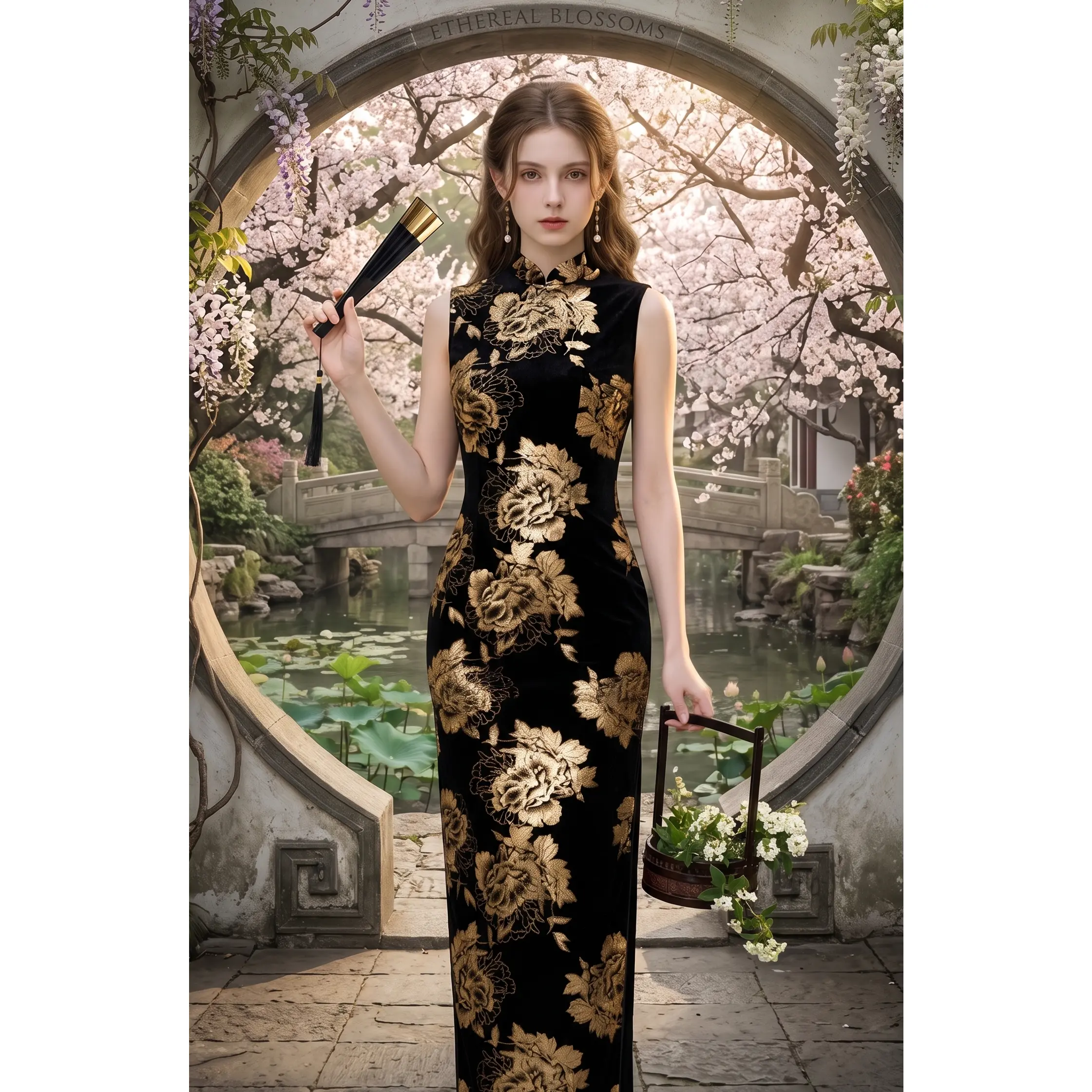 Gold Peony Neo-Oriental Velvet Qipao | Modern New Chinese Style Sleeveless Evening Dress