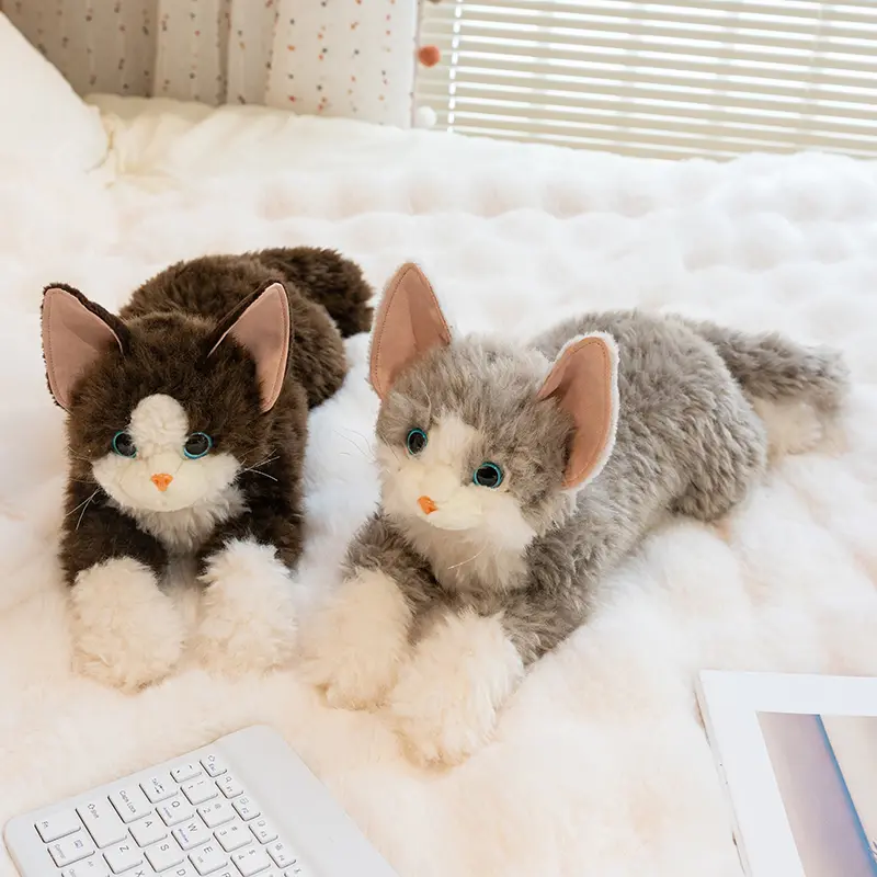 Soft plush realistic lying cat figurine — soothing long-haired cat ornament/stuffed toy for bedside companionship