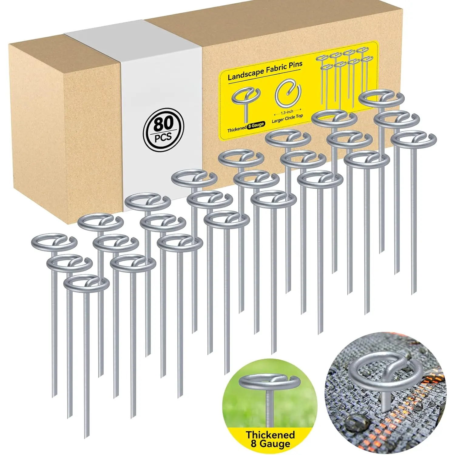 Landscape Fabric Pins, Thickened 8 Gauge Circle Top Landscape Pins, Not Easy to Bend 6 inch Galvanized Landscape Fabric Stakes, More Holding Power Garden Staples (80 Circle Top)