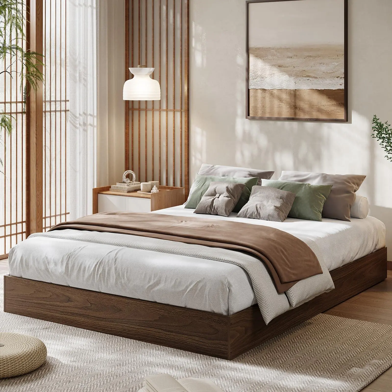 Wood Platform Bed Frame, Wooden Bed Frame Without Headboard, Wood Slat Support, No Box Spring Needed, Easy Assembly (Walnut wood, California King)