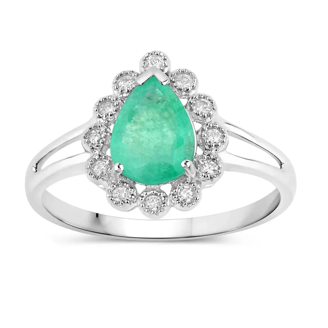 1.10 Ct Pear Green Zambian Emerald Diamond V-Prong 10k Gold Halo Statement Ring