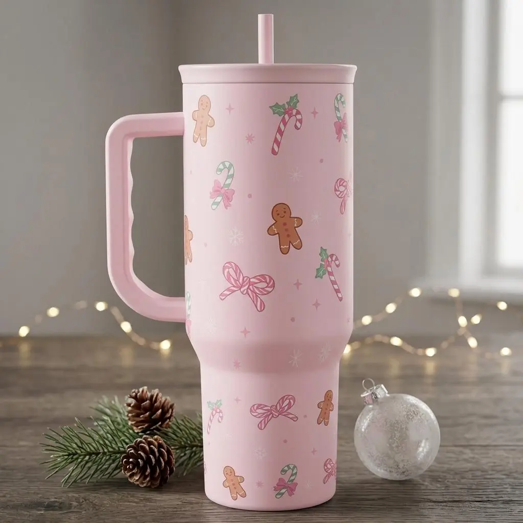 SANDJEST Christmas Holiday 40oz Stainless Steel Slider Tumbler with Handle, Insulated Large Capacity Cup, Cup Holder Friendly Gift for Her