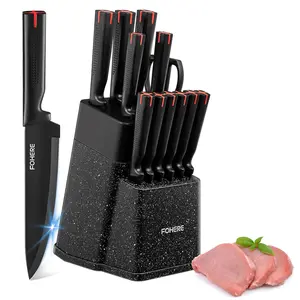 FOHERE Knife Set with Block 13 Pieces Stainless Steel Knife Sets for Kitchen with Built-in Sharpener Sharp Kitchen Knife Block Set with Granite Pattern, Anti-slip Handle Rust Resistant,Black Granite