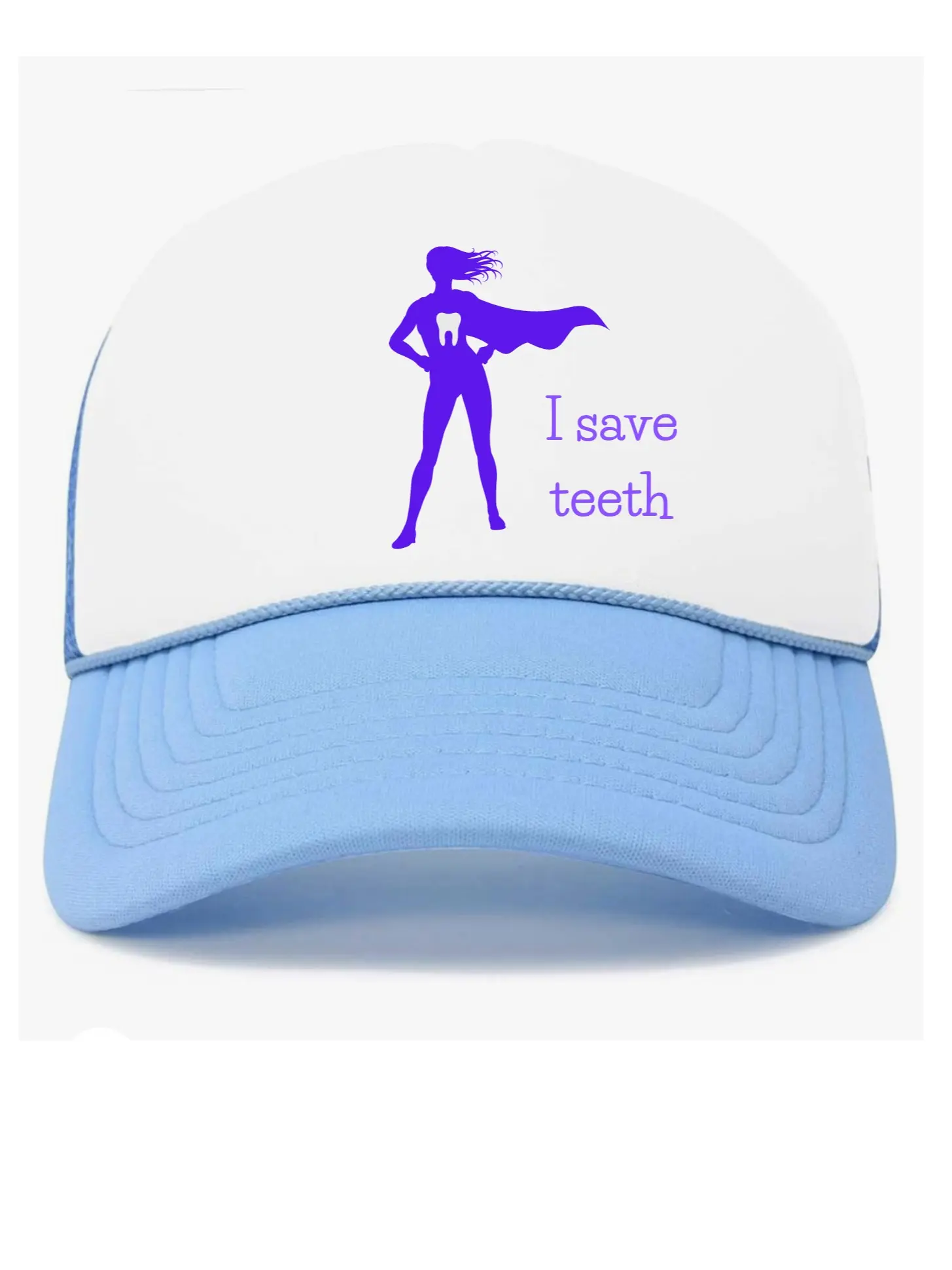 (I save teeth) Light Blue and white Two Tone Trucker Hat Summer Mesh Cap with Adjustable Snapback Strap