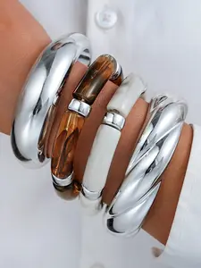 Women Resin Acrylic Elastic Silver Color Open Fashion Bracelet Set, Vintage Simple Design for Daily Wear & Gift