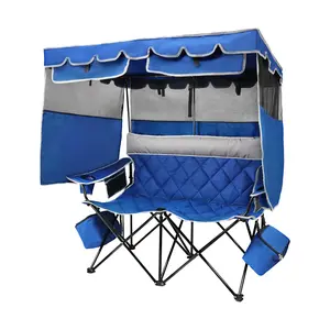 Oversized Double Camping Chair with Canopy, Folding Loveseat for 2 w/ 2 Detachable Coolers & Cup Holders, Heavy Duty 1200D Oxford Patio Chair, Supports 660lbs