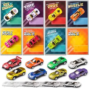 28-Count Valentines Day Gifts Cards, Valentine's Greeting Cards for Kids with Die-Cast Racing Cars Valentine Classroom Exchange Party Favor Toy