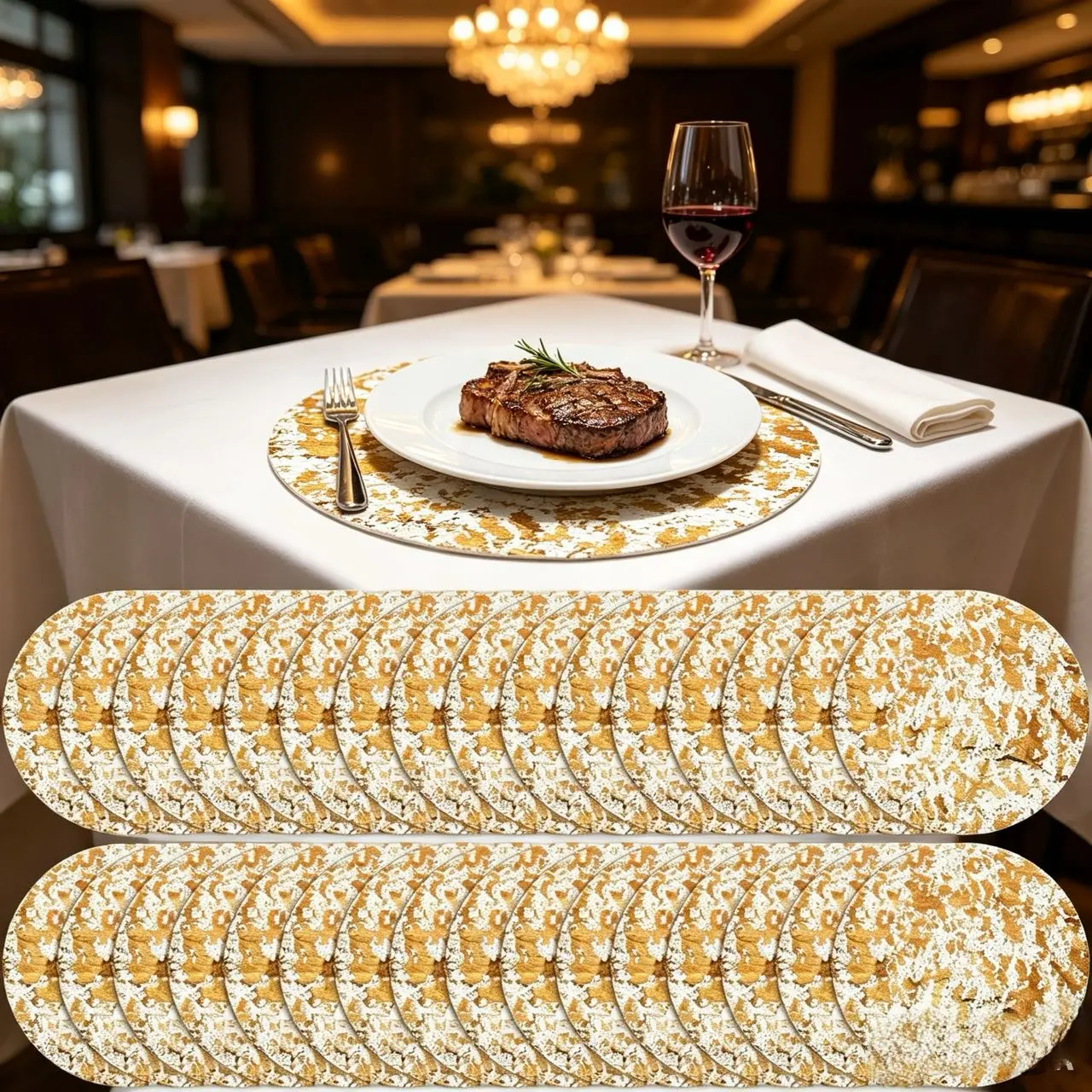 100Pcs Polyester Metallic Mesh Doilies Placemats - 13" Diameter (13 Inches) Round Gold Glam Durable Disposable, Kitchen Tableware for Parties, Weddings