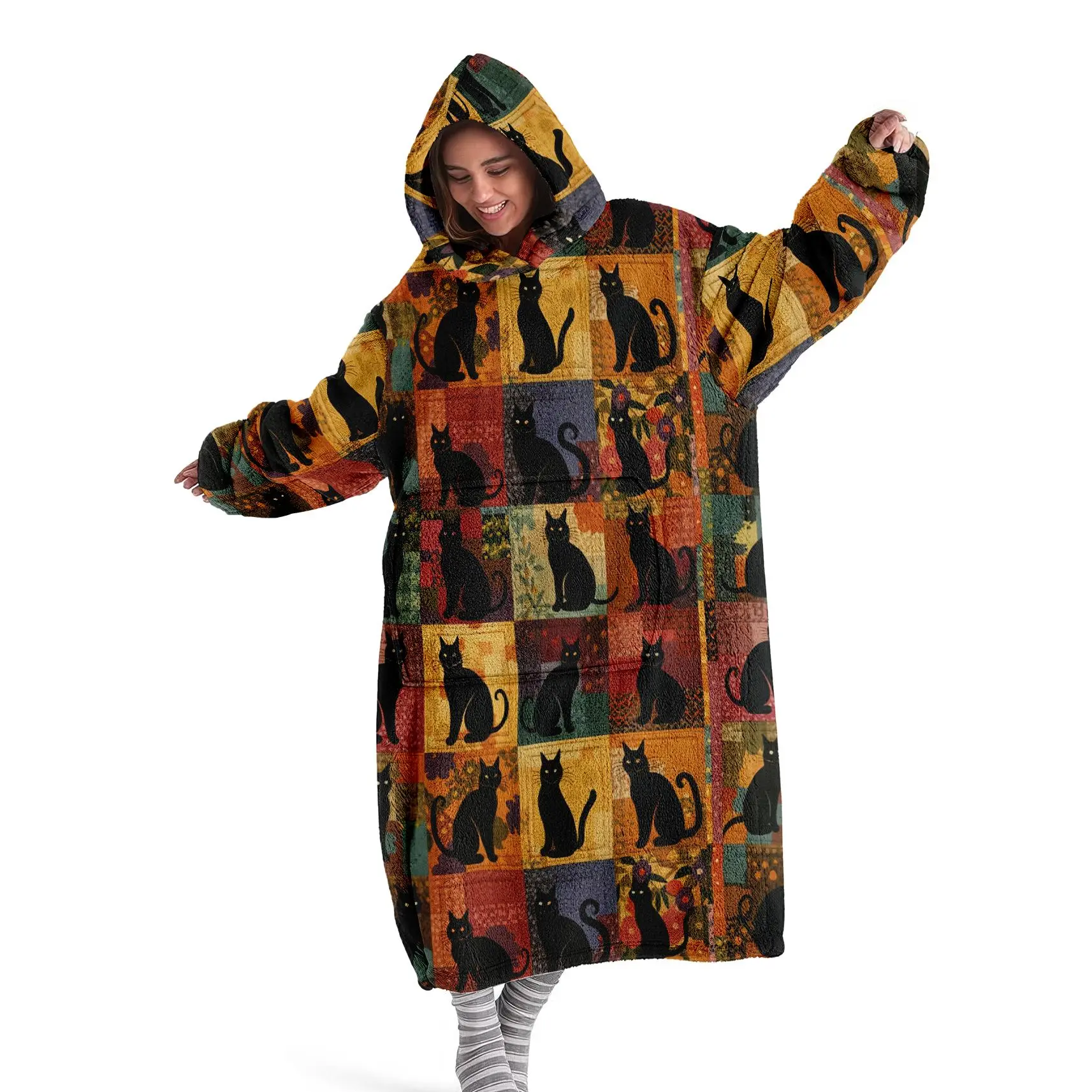 hoodie blanket，Wearable Blanket、Soft Flannel Blanket with Cat Print, Wearable Digital Printed Throw, Warm and Cozy, Cozy Hooded Blanket, Perfect for Sofa, Home, Office, Camping, Gifts、Christmas Gift,Valentine's Day gift
