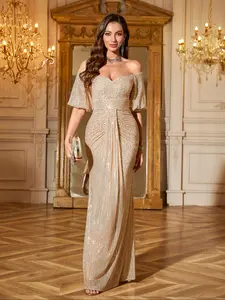 UNITHORSE Women's Off Shoulder Backless Sparkly Sequin Fitted Bodycon Elegant Chic Party Evening Dress, Bride Dress, Birthday Outfits, Graduation Dress, Formal Dress, Formal Wear, Lady, Womenswear