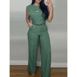 Women’s Autumn Fashion Set, Round Neck Sleeveless Top & Wide Leg Pants Two-Piece, Casual Elegant Style for Daily Wear GARMENTARY
