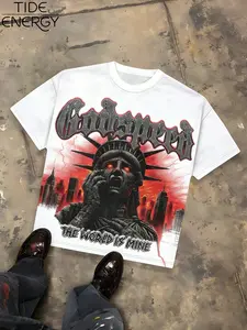 Men's Hip-Hop Style T-Shirt, Breathable Casual Streetwear Looks Graphic Demon Statue Print, Loose-Fit Round Neck Top for Daily and Party Wear
