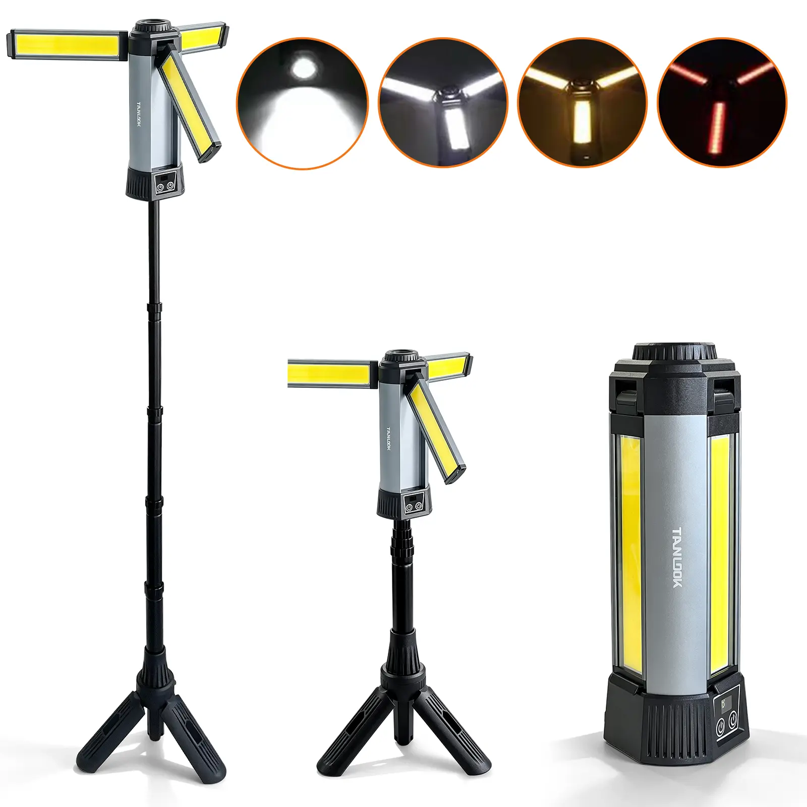 3-head LED camping light with power bank — portable rechargeable work light featuring a 45-inch adjustable stand and detachable tripod, suitable for outdoor use, emergencies, camping, fishing, and garages, Rechargeable Spotlight, Strong Light