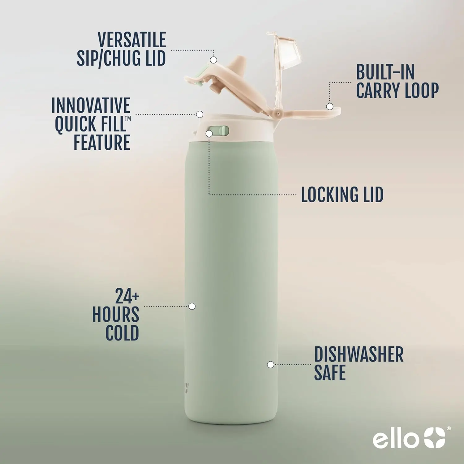 Ello Pop & Fill Stainless Steel Water Bottle with Quick Fill Technology, 22oz - Flasks, Drinkware