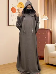 Women's Solid Double Hooded Modesty Abaya without Hijab, Modest Muslim Outfits, Casual Long Sleeve Open Front Long Dress for Daily Wear, Ladies Sleepwear & Loungewear for All Seasons