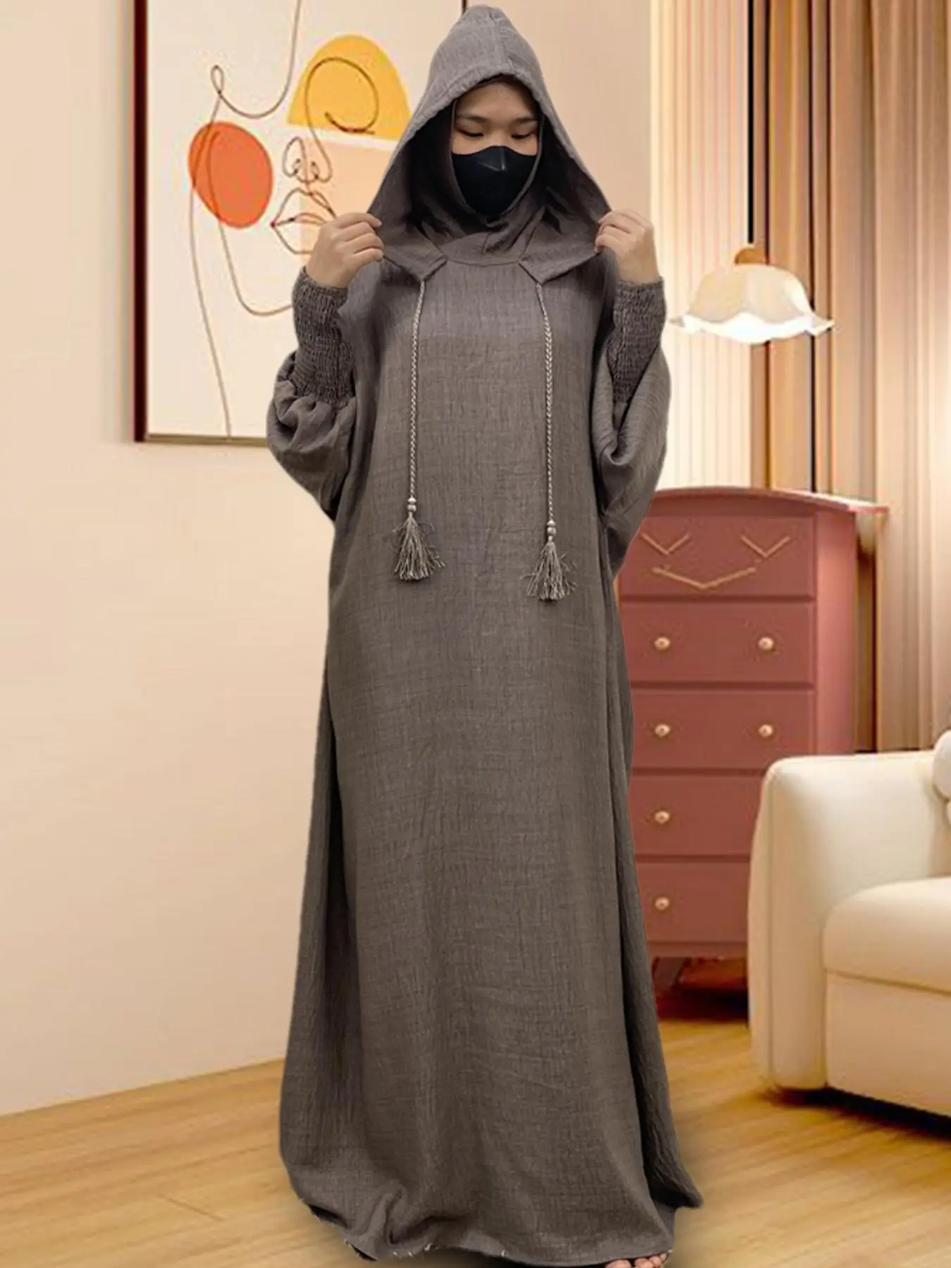 Women's Solid Double Hooded Abaya without Hijab, Casual Long Sleeve Open Front Long Dress for Daily Wear, Ladies Sleepwear & Loungewear for All Season