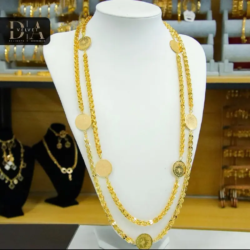 Velvet 2 Meter Necklace with Coin Pendant Brass Gold Plated Layered Stacked Design for Women Elegant Versatile Jewelry