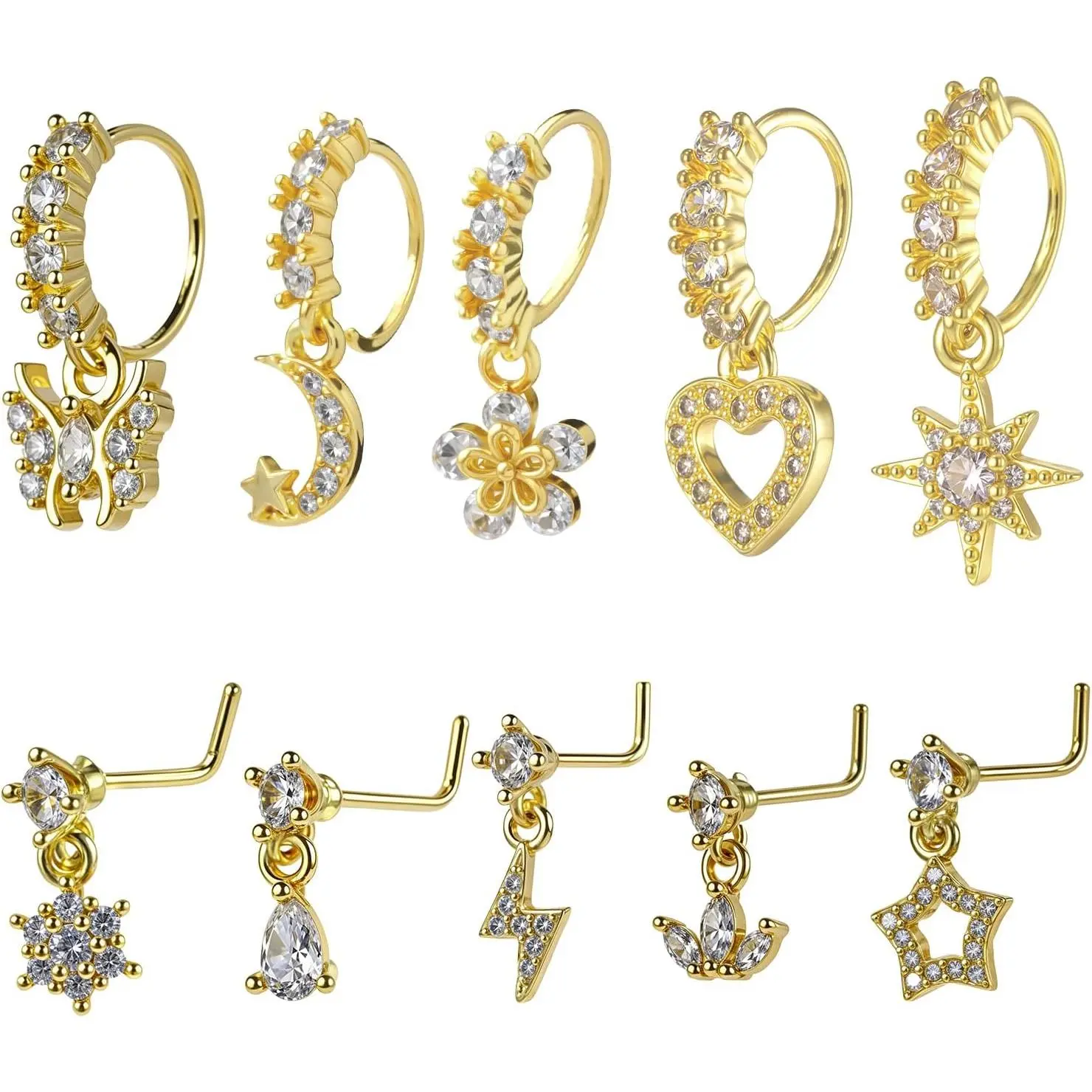 10 count Dangle Nose Ring Hoop 20g Cz Nose Rings with Charm L Shaped Dangling Noses Stud Indian   For Women
