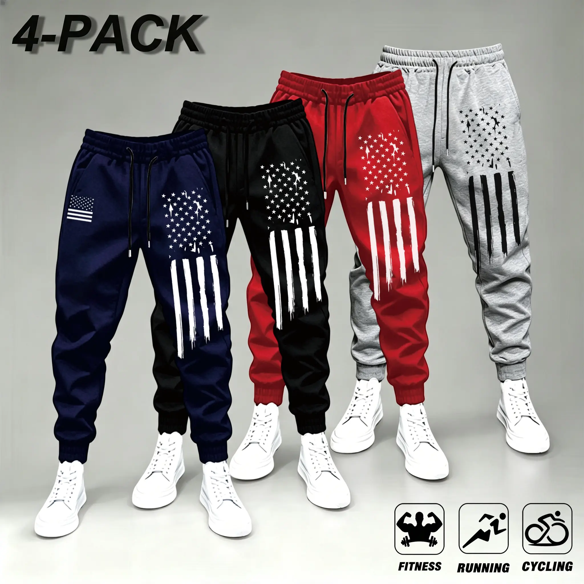 4-Pack American Flag Print Sweatpants for Men - Navy, Black, Red, Gray - Ideal for Fitness, Running, Cycling - Comfortable & Stylish,Men Vintage American Flag Print Jogger Pants Elastic Waist Drawstring Casual Streetwear Sweatpants For Sports Daily Wear
