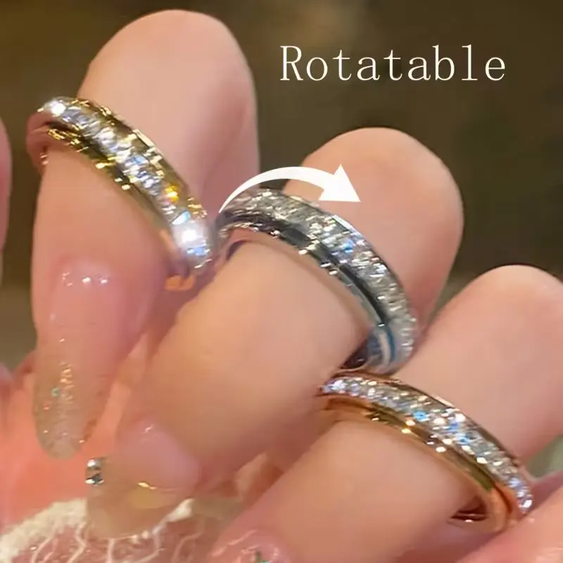 Anxiety Rings for Women - Titanium Steel Rotatable Spinner Fidget Band Rings with Sparkle Stones, Non-Tarnish Everyday Wear Costume Jewelry, Sizes 6-9
