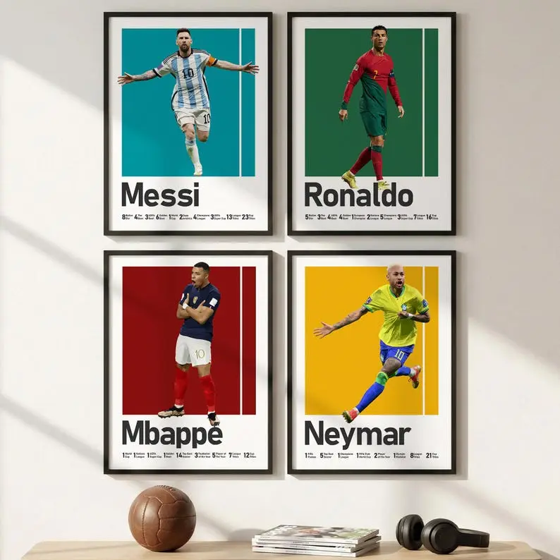 Messi Ronaldo Neymar Mbappe Soccer Poster Set, 4 Piece Football Gallery Wall