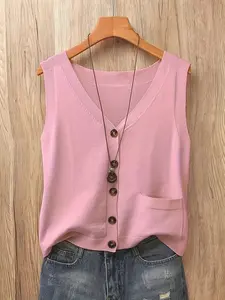 Women's V Neck Knitted Sweater Vest, Buttonless Sleeveless Cardigan, Lightweight Soft Knit Top with Pockets, Spring Summer Layering, Knitwear