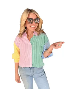 Multi Color Block Stripe Button Down Shirt Top