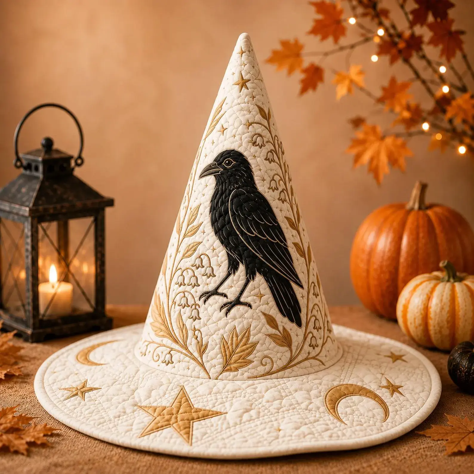 Quilted Raven Witch Hat, Ivory Celestial Wizard Costume, Gothic Halloween Crow Cosplay Accessory
