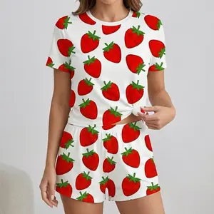 Women's Strawberry Print Pajama Set, Soft Short Sleeve Top & Elastic Waist Shorts, Cute Comfy Sleepwear for All Seasons
