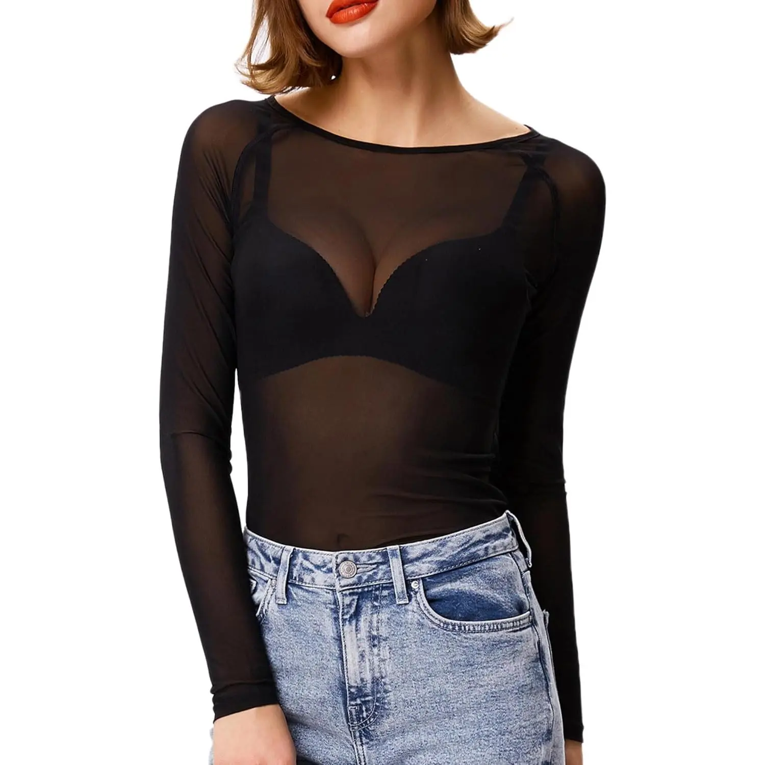 ZGQNBELLE Sheer Mesh Top For Women Long Sleeve See Through Shirt High Stretch Slim Fit Blouse Basic Layering Tee Y2K Aesthetic Clubwear Spring Date Night Outfit Plus Size Curvy Fashion
